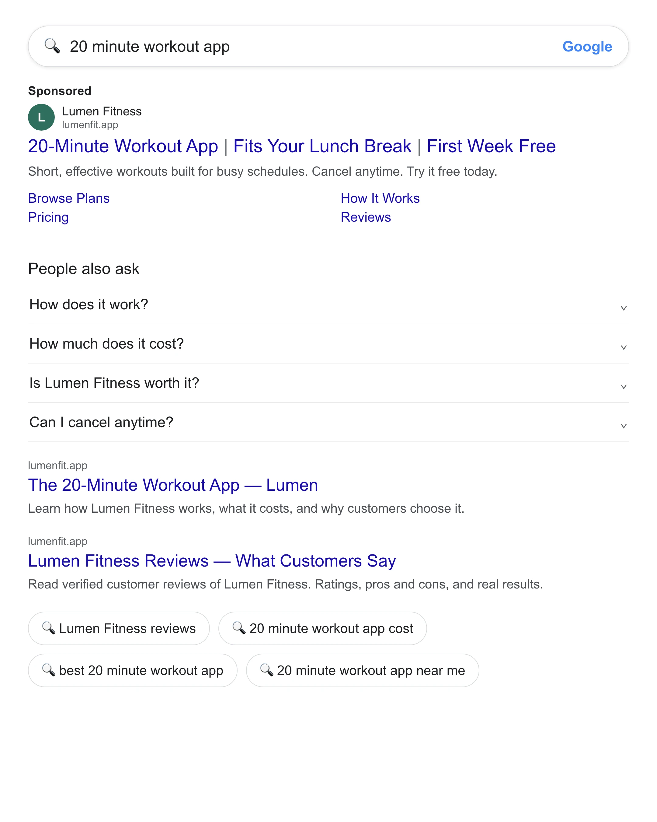 “20 minute workout app” · fitness