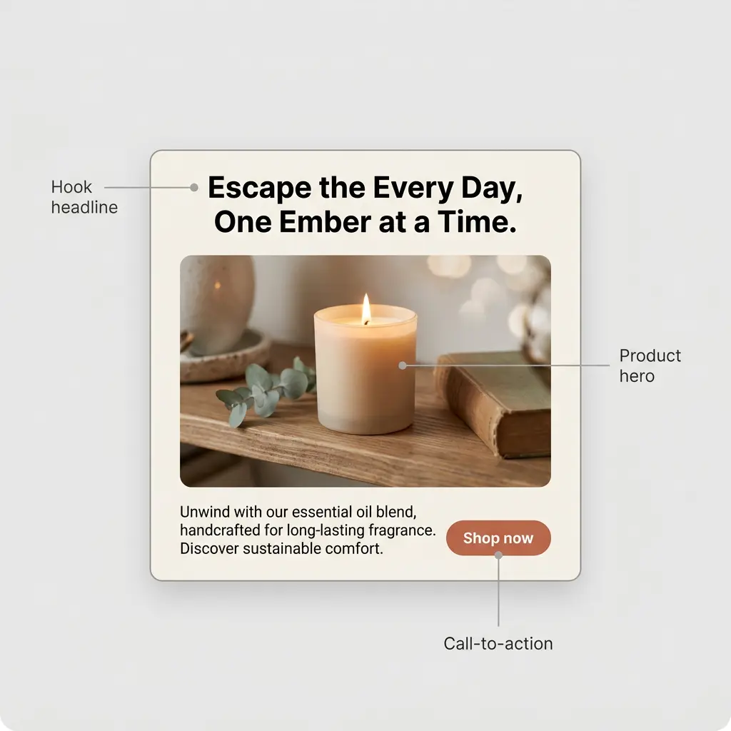 Annotated social media ad example showing hook frame, product shot, and CTA