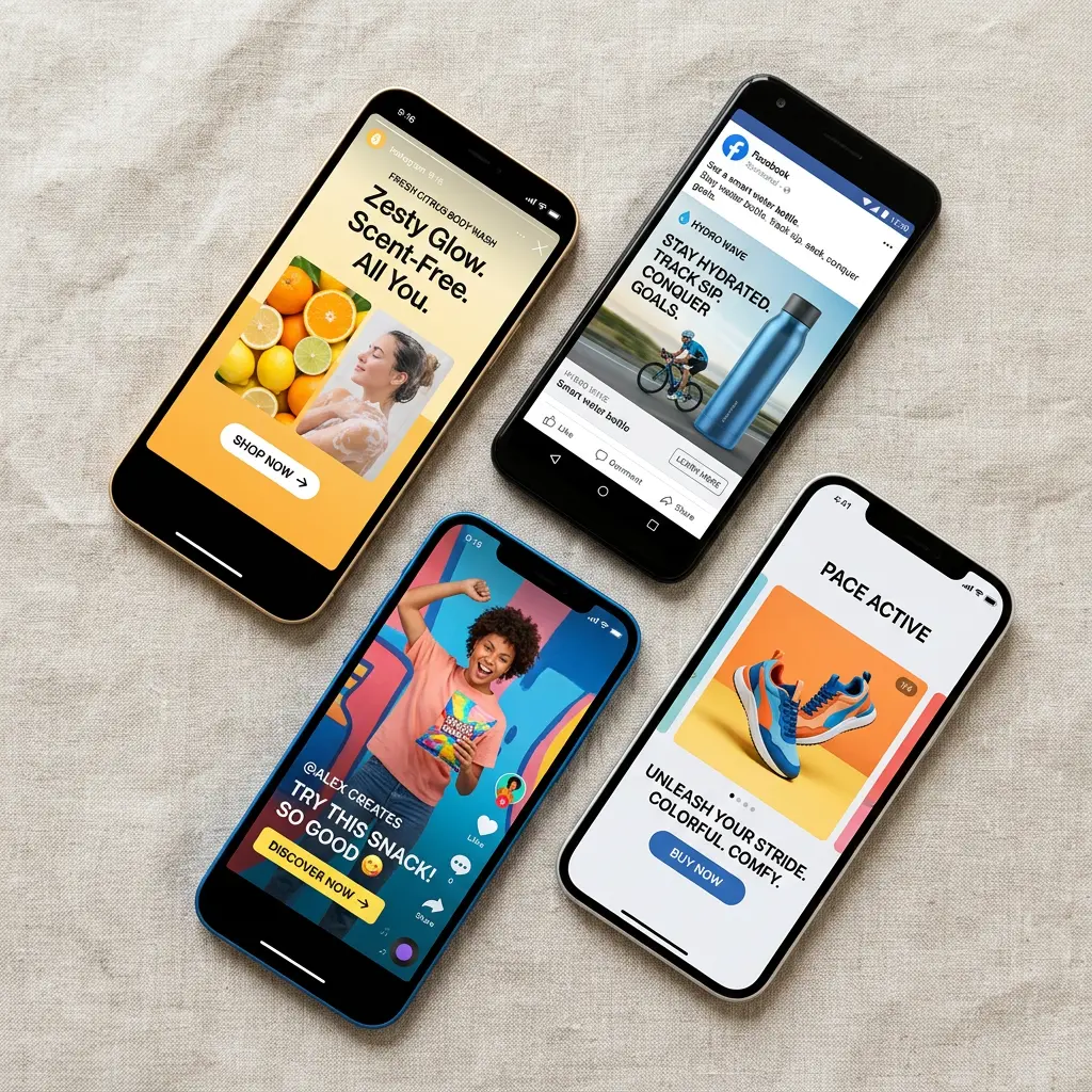 Social media ads examples across Instagram, Facebook, and TikTok placements
