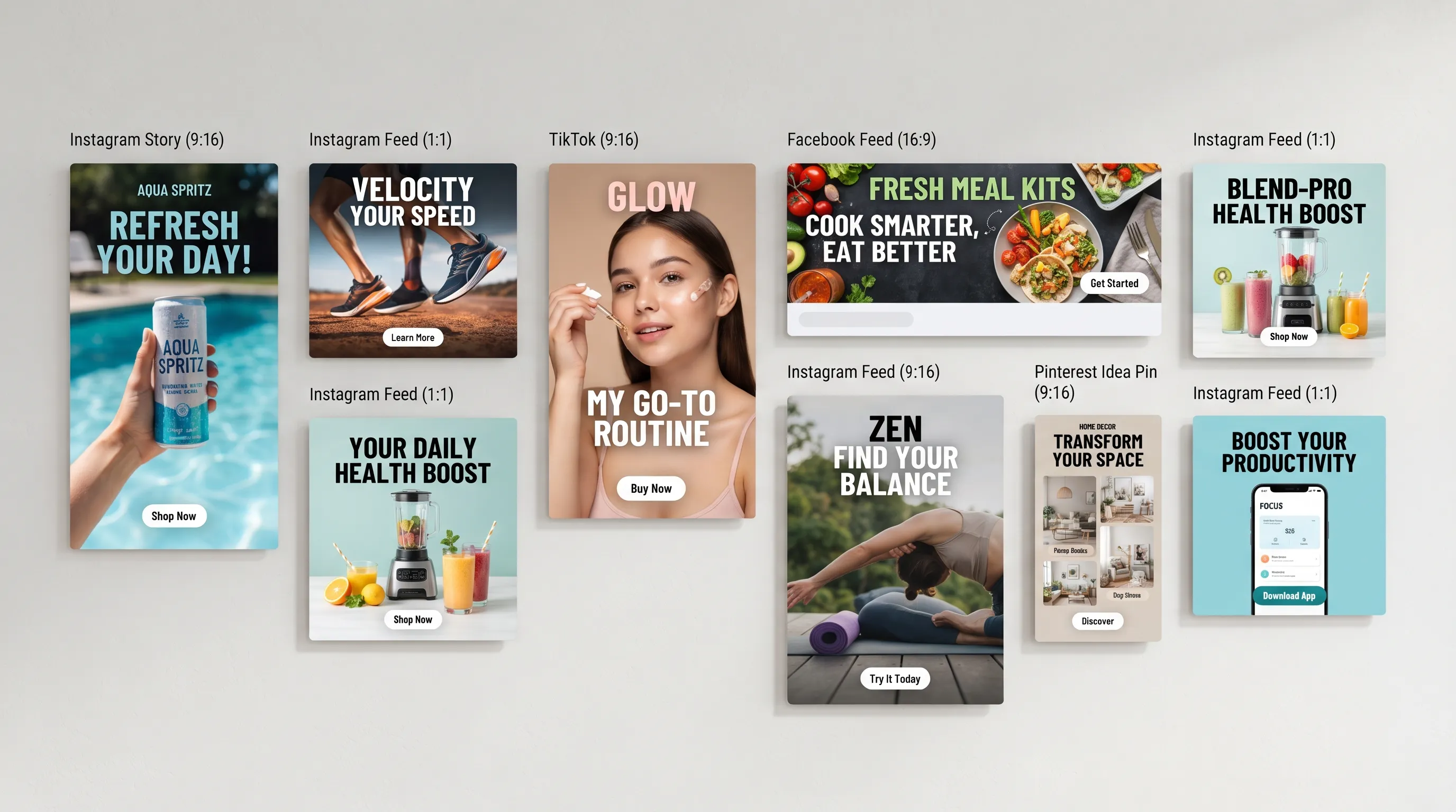 A wall of social media ads examples across Instagram, Facebook, and TikTok from Punchylime